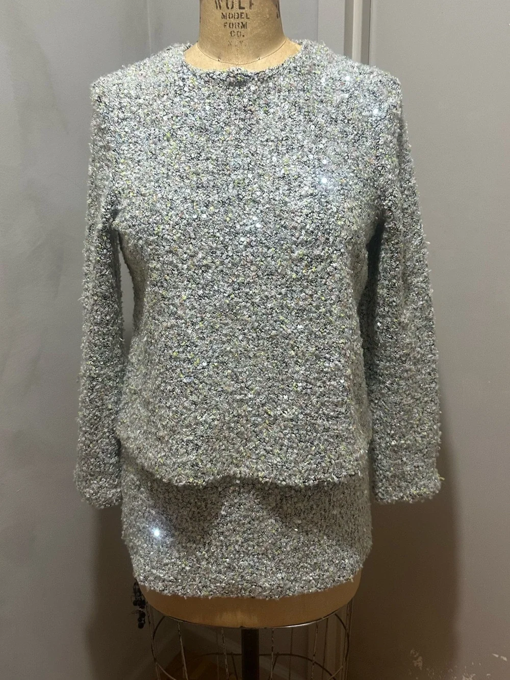 Zara Tweed Metallic Silver-Blend Sweater and Skirt Set